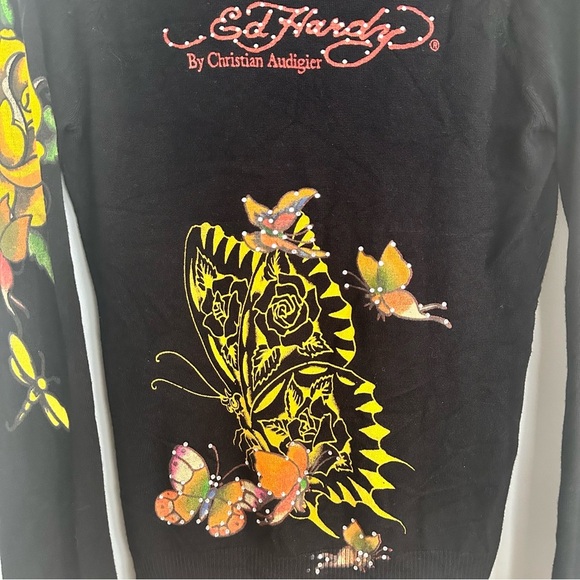 Vtg Ed Hardy By Christian Audigier Hooded Mini Dress SZ Large Knit Butterfly EUC - Picture 3 of 11